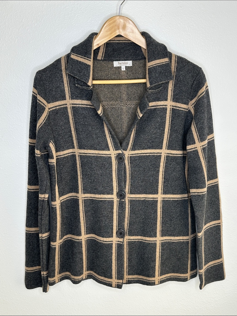 Bartolini Wool & Cashmere Grey & Camel Windowpane Button Cardigan Made in Italy
